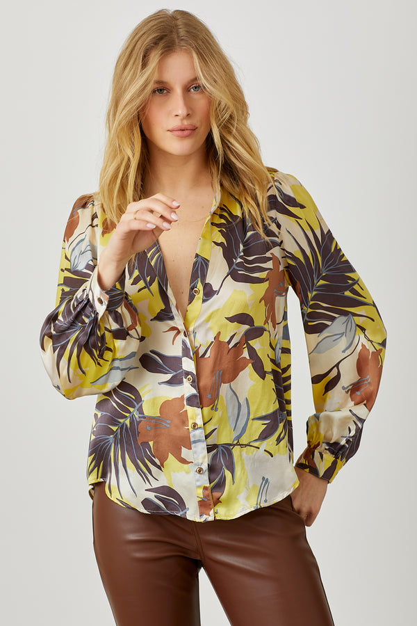 Silk Printed Long Sleeve Button Down Blouse