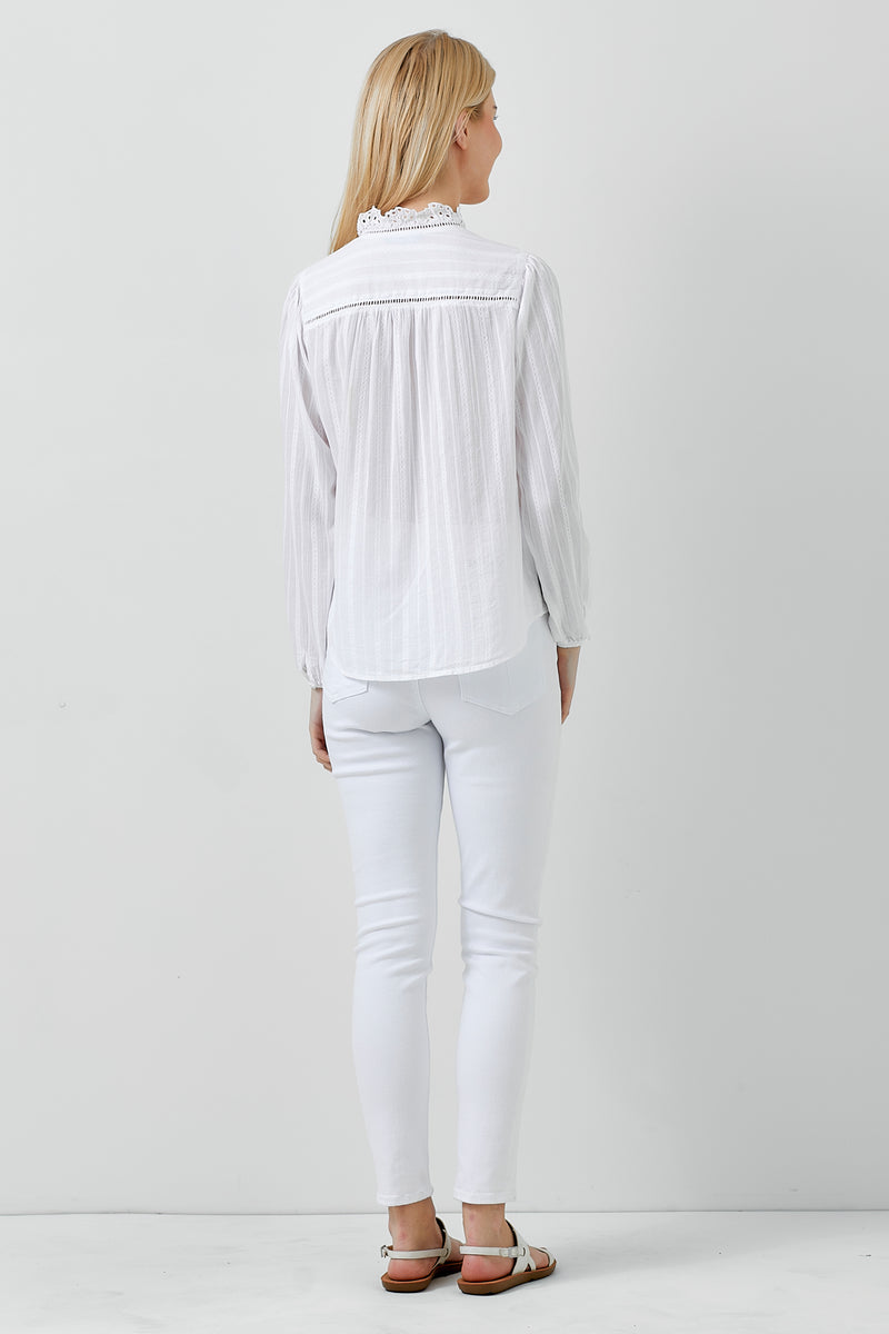 Lace Trim Mandarin Collar Long Sleeve Top